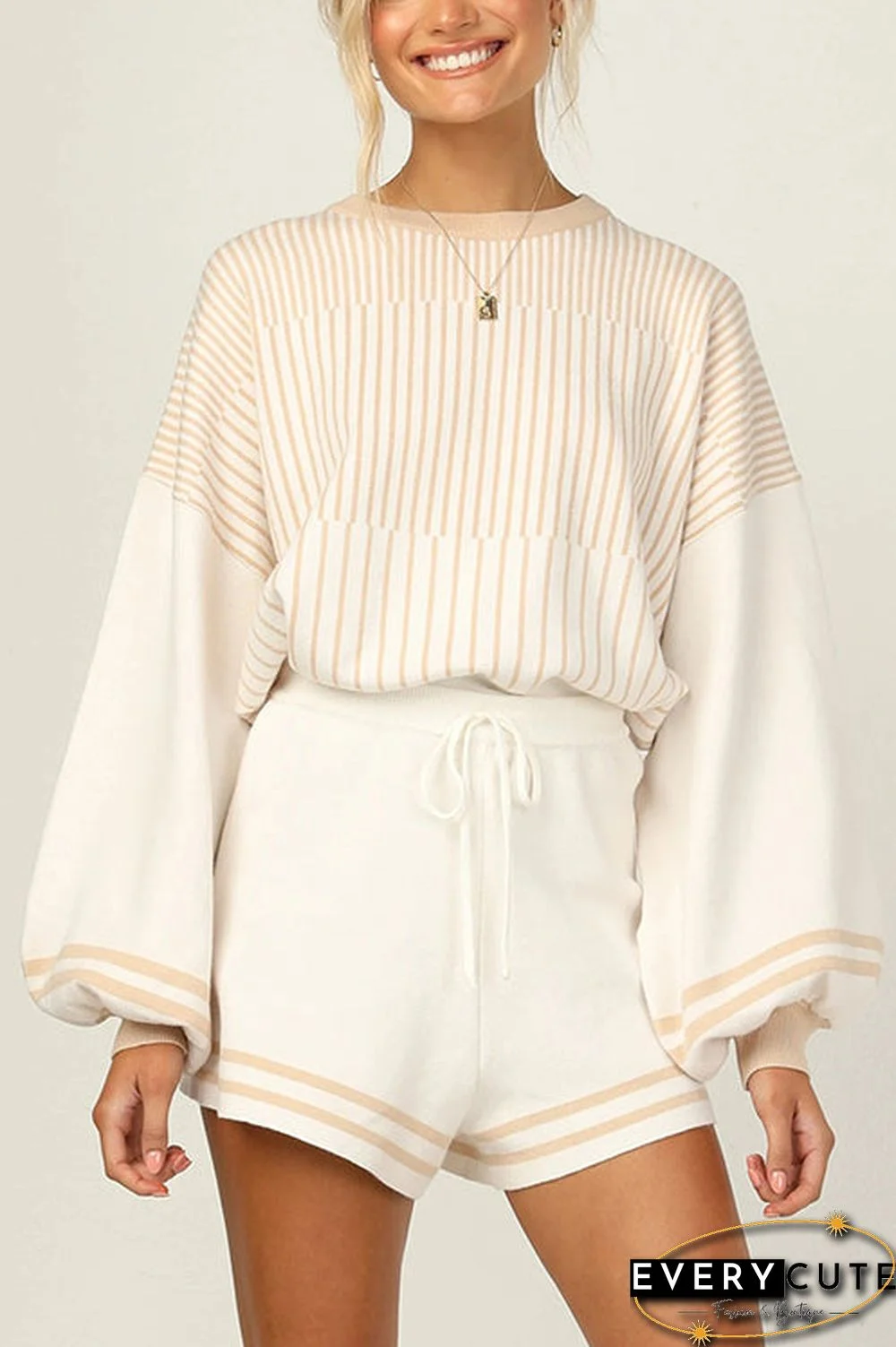 Gradient Stripe Puff Sleeve Sweater Shorts Set