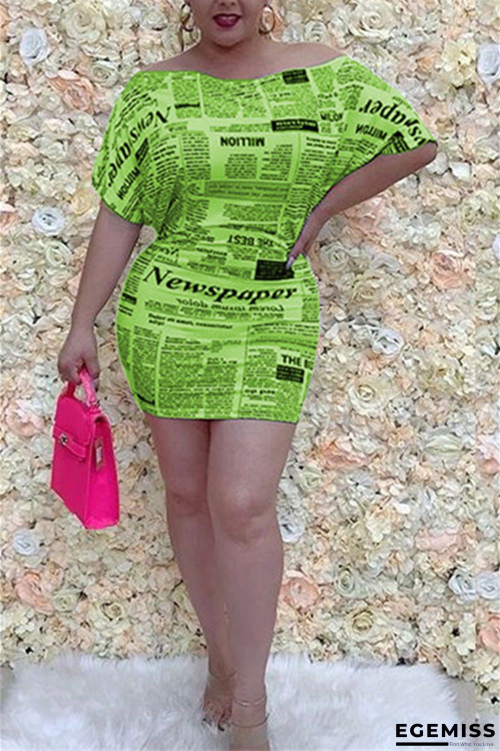 Green Sexy Bat sleeve Short Sleeves One word collar Step Skirt skirt Print | EGEMISS