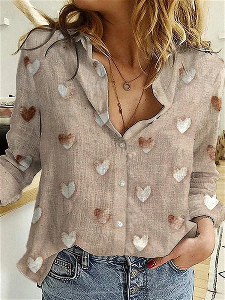 Elegant Hearts Pattern Comfy Woven Blouse