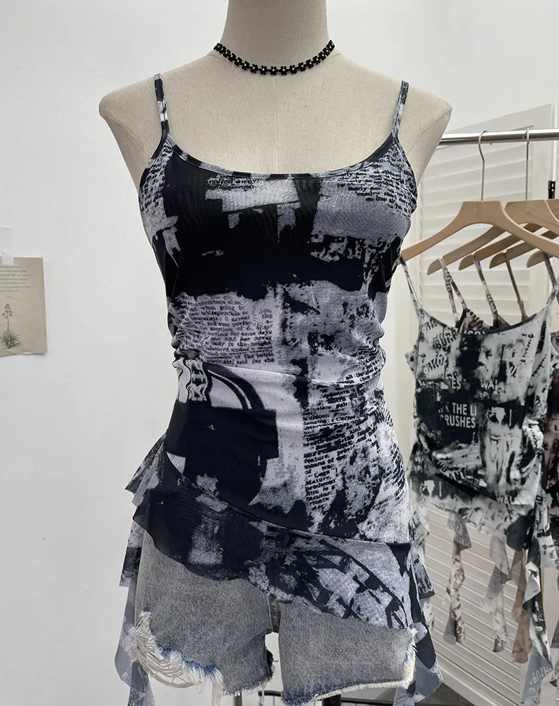Brownm Solid Shooting Wasteland Style Personality Letter Tie-Dye Printing Mesh Sling Sling Babes Irregular Tuxedo Small Vest 9965