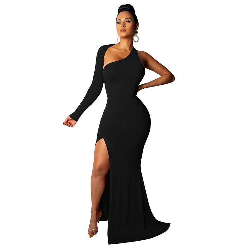 ANJAMANOR Sexy Party Dresses for Women Solid One Shoulder Backless Long Sleeve High Split Maxi Dress Black Red Blue D53-CC32