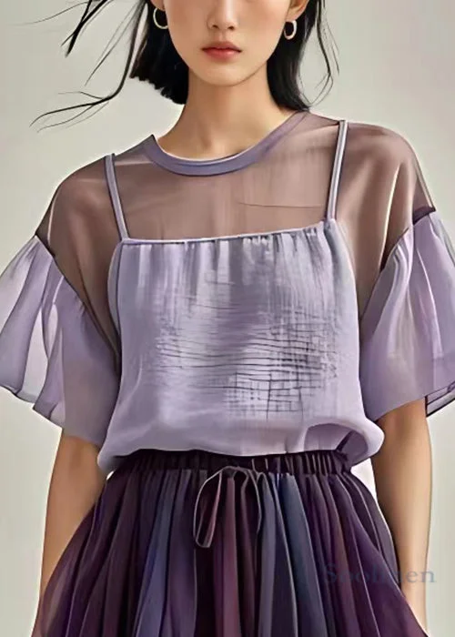 Pre sale - shipping in 30 days/New Purple O Neck Solid Cotton Top Short Sleeve