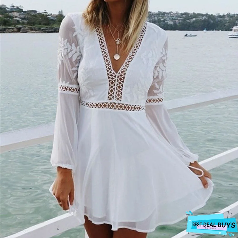 Women Chiffon White Long Sleeve Lace V-neck Long Sleeve Mini Dress