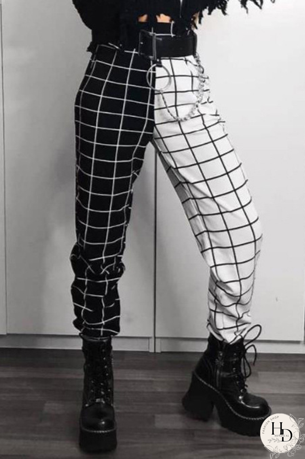 Black And White Street Plaid Basic Without Belt Straight Mid Waist Conventional Bottoms