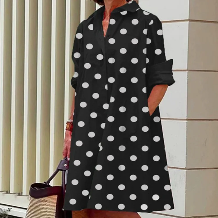 Simple Fashion Turn-down Collar Casual Long Sleeves Pocket Shirt Midi Dress