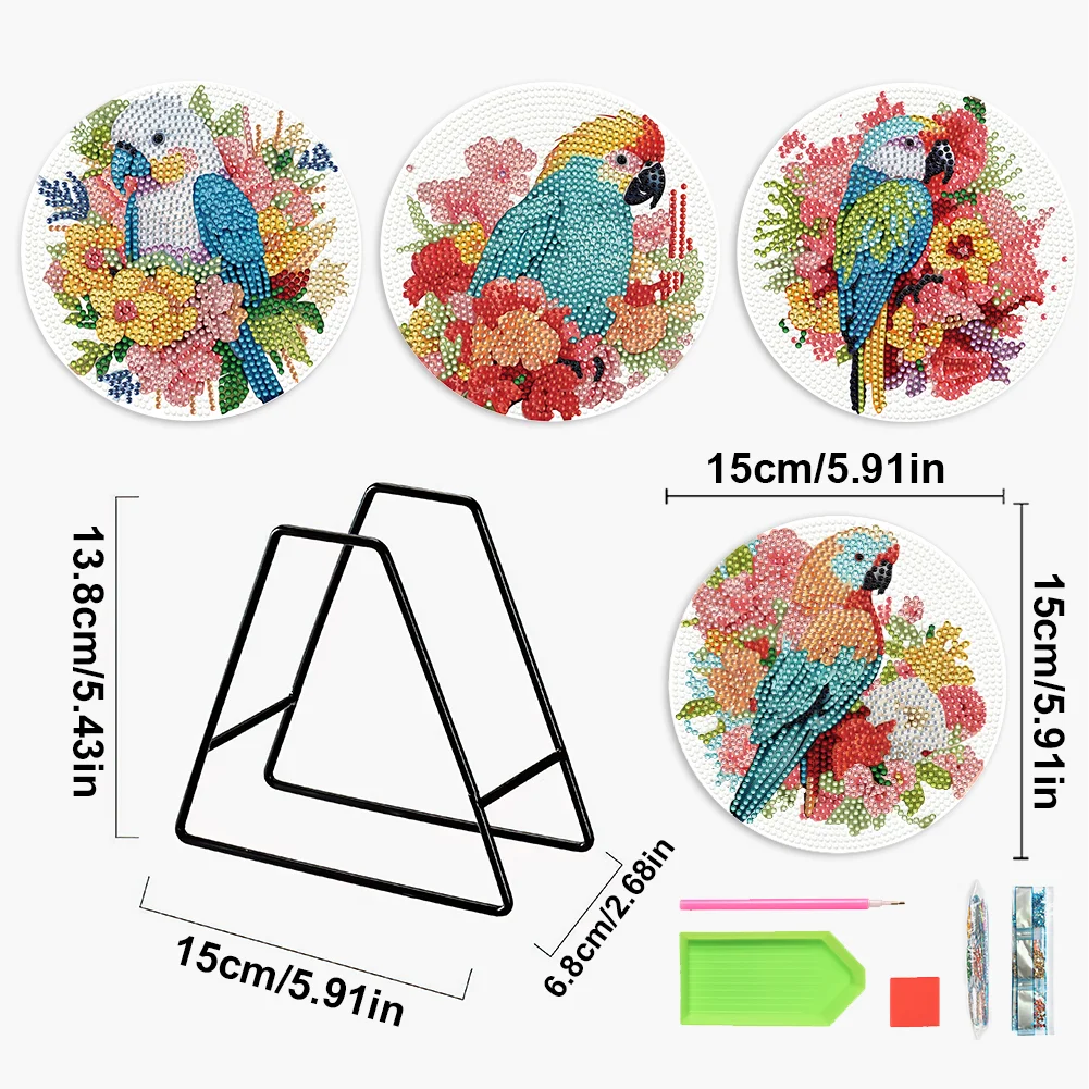 4pcs DIY Flower Parrot Wooden Diamond Painted Placemats for Dining Table Decor(15*15cm)