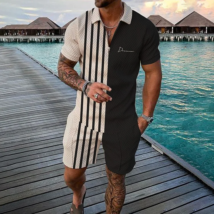 BrosWear Black Strips Color Contrast Stripes Print Short Sleeve Polo Shirt And Shorts Co-Ord