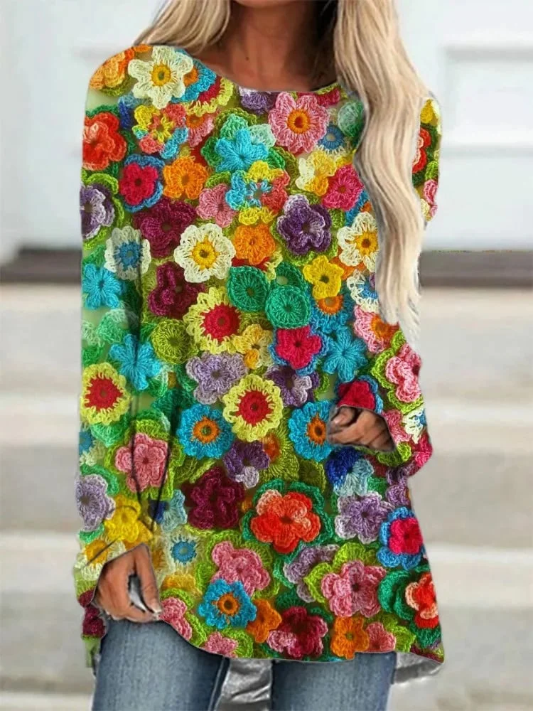Women's Colorful Flower Print Long Sleeve T-Shirt