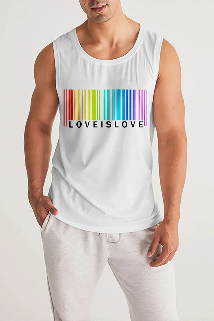 Casual Rainbow Striped Letter Print White Tank Top