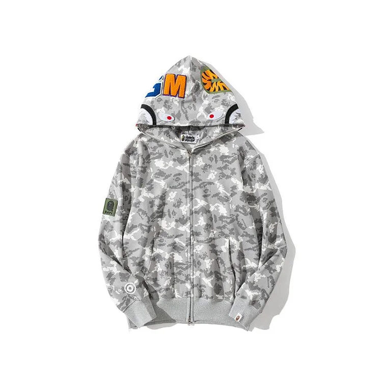 Shark Print Hoodie Spring and Autumn Shark Head Embroidery Digital Pixels Camouflage Hooded Sweater Terry Coat