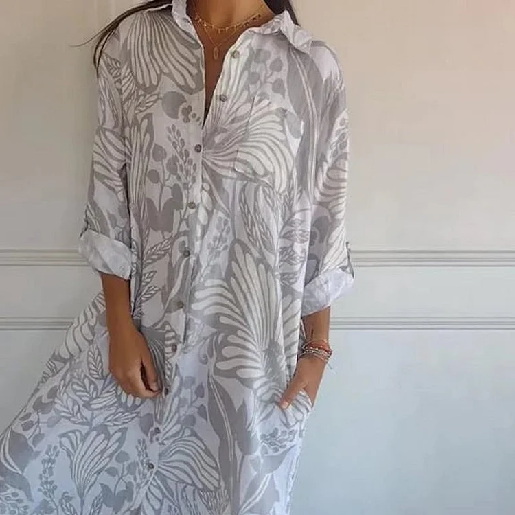 Women's Casual Botanical Print Buttoned Long Shirt Dress