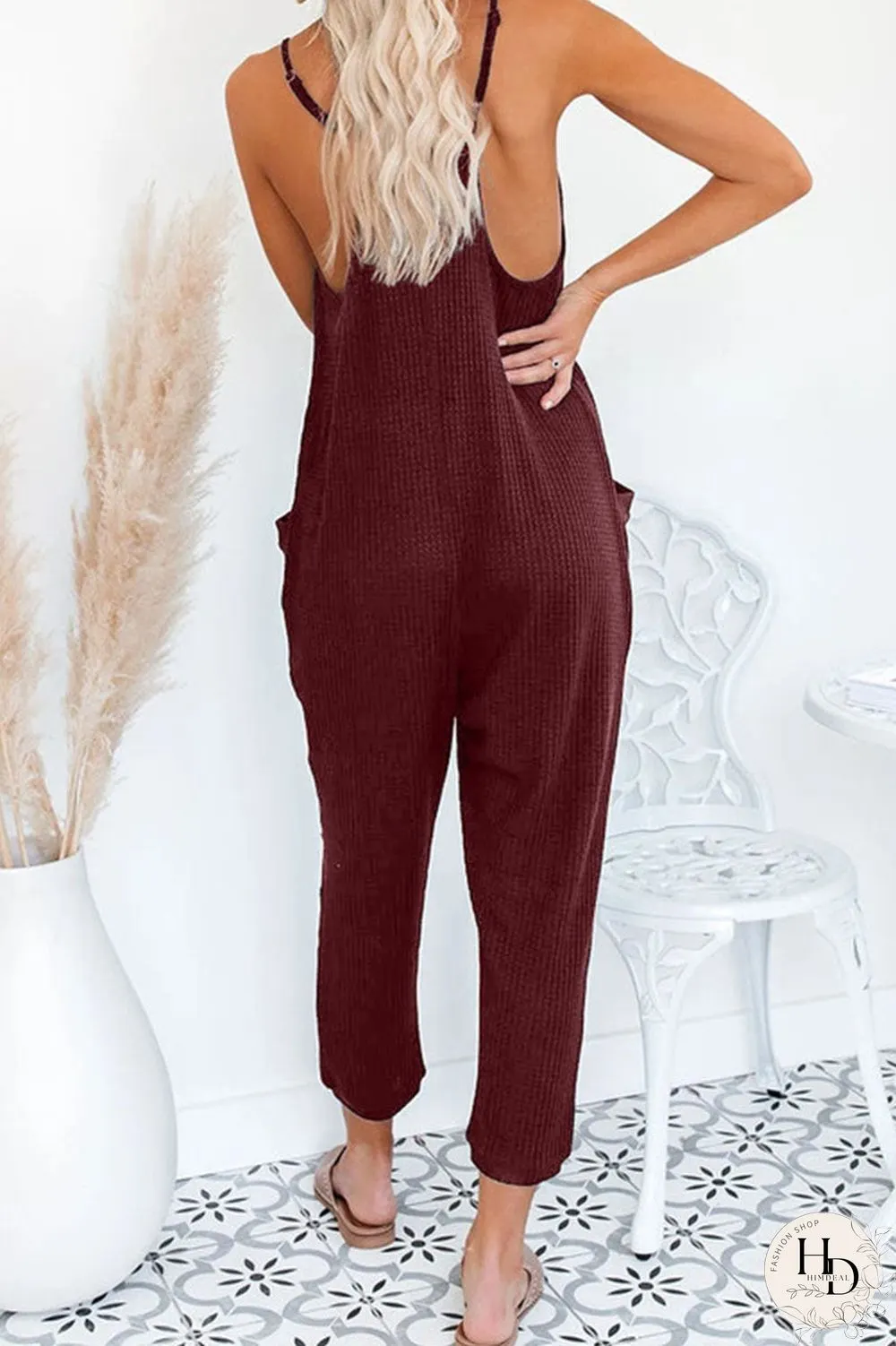 Fashion Street Solid Pocket V Neck Loose Jumpsuits(4 Colors)
