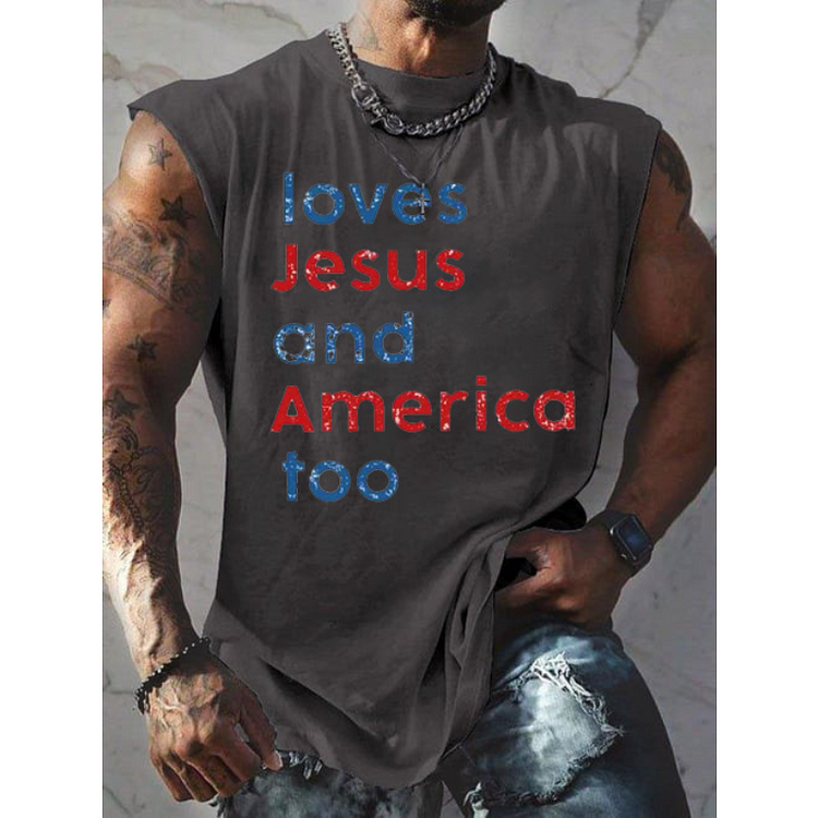 Loves Jesus And America Too Print Men Tank Top socialshop