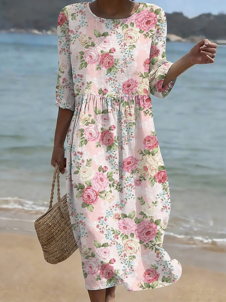 Vintage Roses Floral Pattern Comfy Linen Midi Dress wearshes