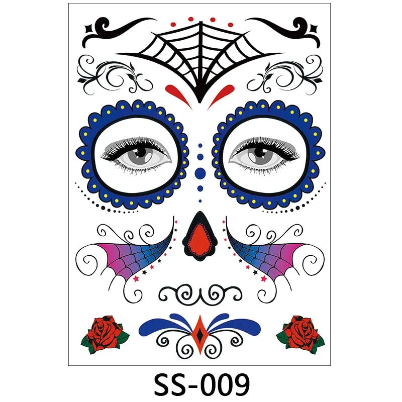 Halloween Temporary Face Tattoos, 1 Sheets Floral Day of the Dead Sugar Skull Face Tattoo Kit Halloween Tattoos
