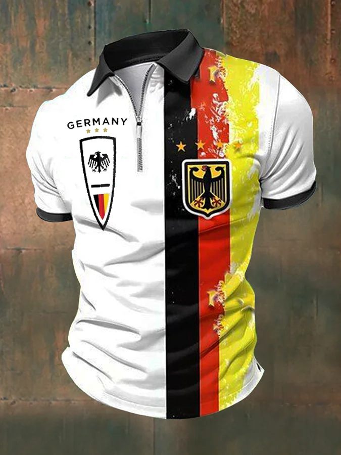 Men's German Print Zippered Short Sleeve Polo Shirt