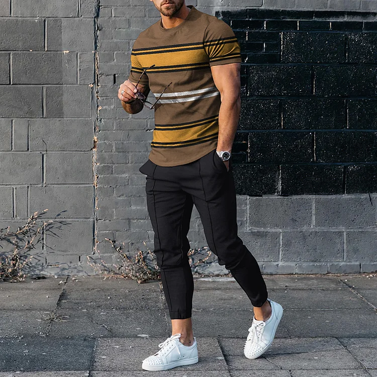 BrosWear Trendy Khaki Yellow Stripes T-Shirt  And Short Co-Ord