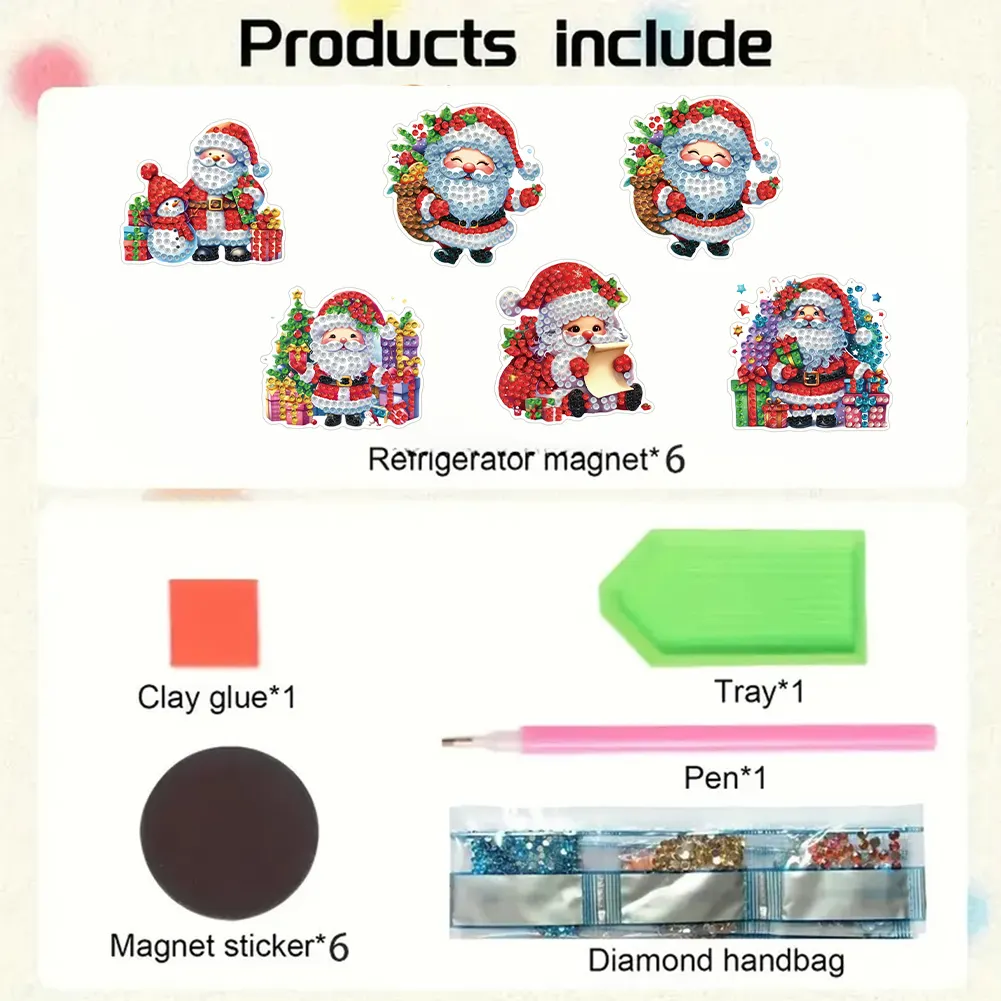6PCS 2D Flat Xmas DIY Crystal Refrigerator Magnet for Home Decor (Santa Claus)