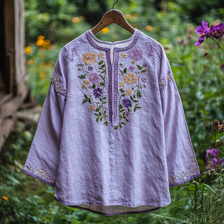 Women's Purple Flowers Embroidery Vintage Linen Shirt