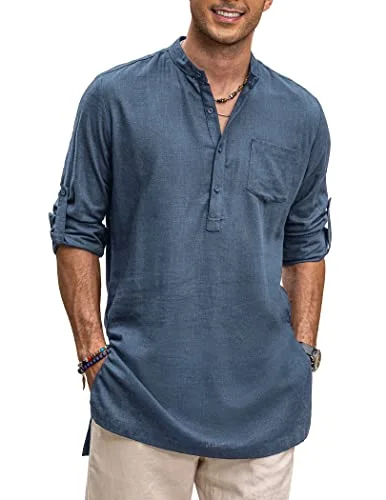 Linen Henley Long Sleeve Shirts with Pocket 