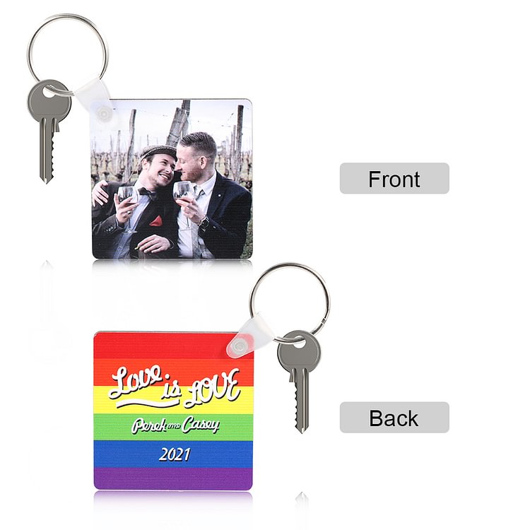 Personalized LGBT Gay Pride Wooden Keychain with Custom Photo and 2 Names