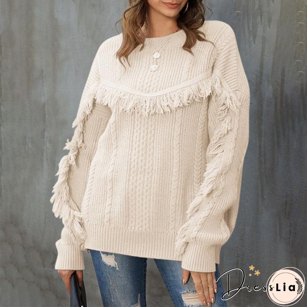 Round Neck Loose Tassel Twist Solid Color Sweater
