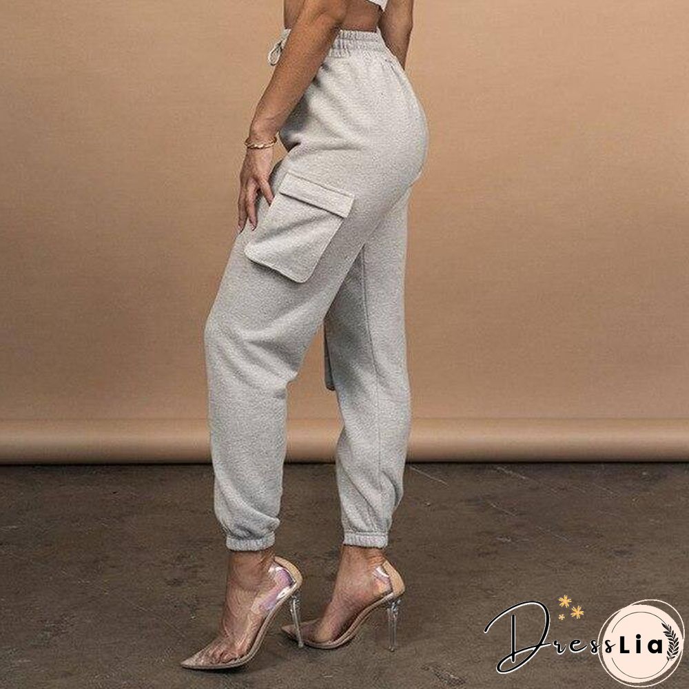 2 Piece Women Sports Casual Set Sweatshirt Crop Tops Pocket Sweatpants Baggy Pants Tracksuit Streetwear Joggers Summer Outfits