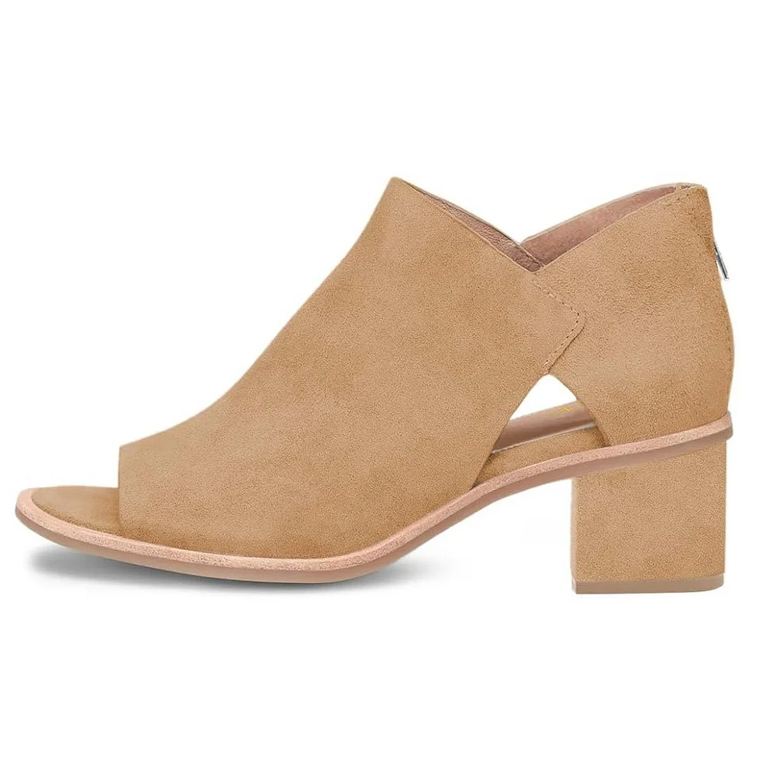 Khaki Low Block Heel Cut-Out Open Toe Ankle Boots with Back Zipper