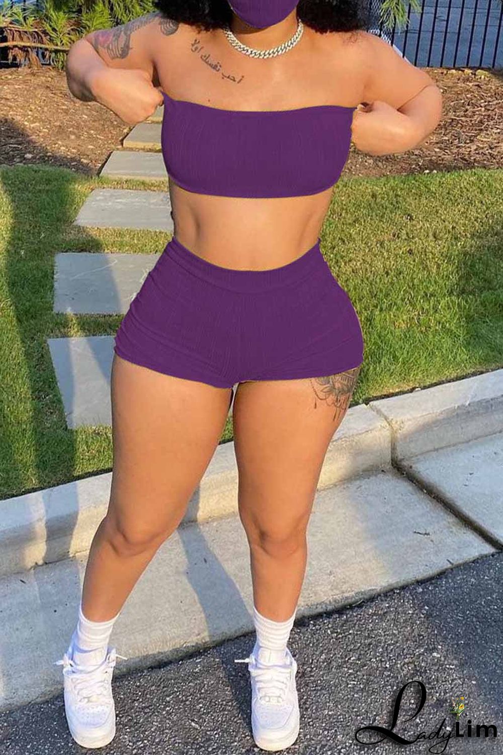 Blue Fashion Sexy Solid Backless Strapless Sleeveless Two Pieces