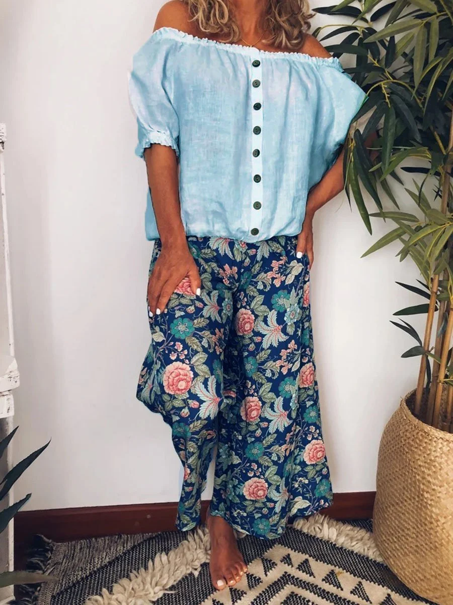 Loose Casual Top Floral Pants Suit
