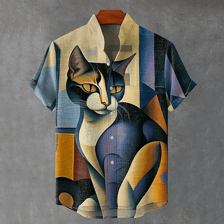 Men'S Vintage Cat Abstract Art Print Linen Blend Cozy Shirt