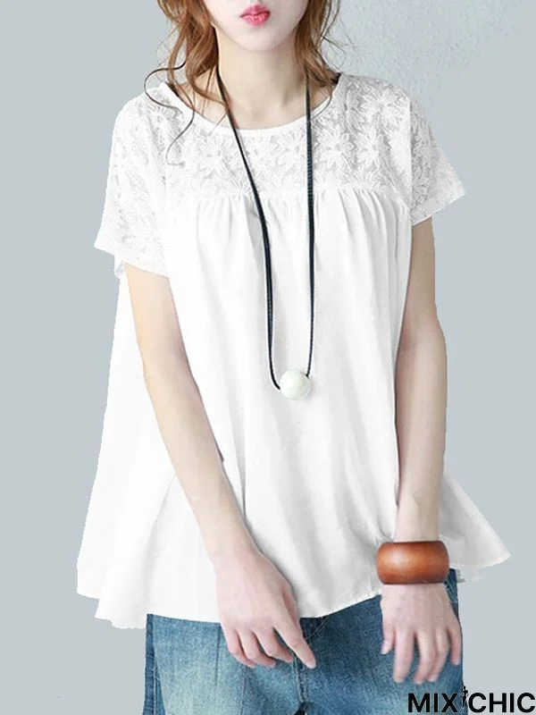 Vintage Solid Color Split-Joint Pleated Embroidered Hollow Lace Round-Neck Short Sleeves T-Shirt