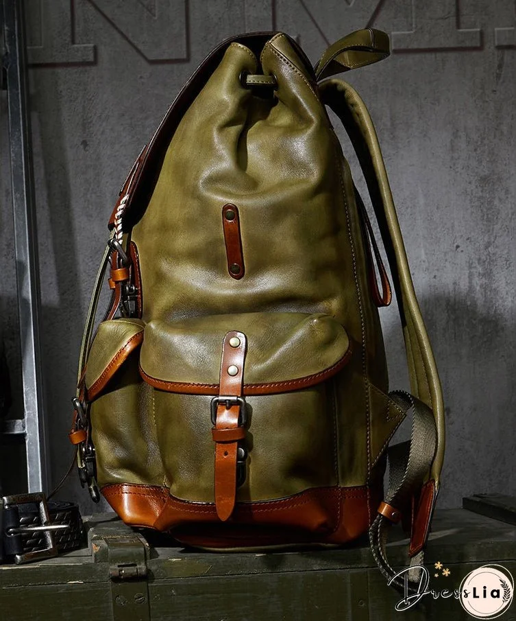 New Casual Army Green Cowhide Large Capacity Travel Backpack