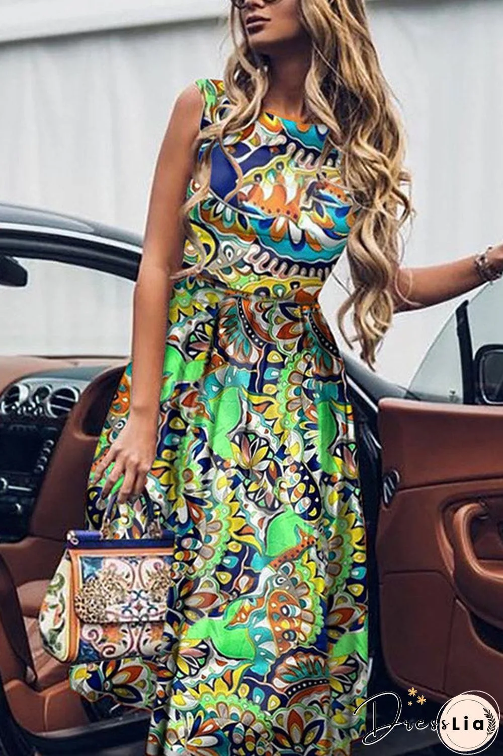 Mid A-Line Printed Sleeveless Dress