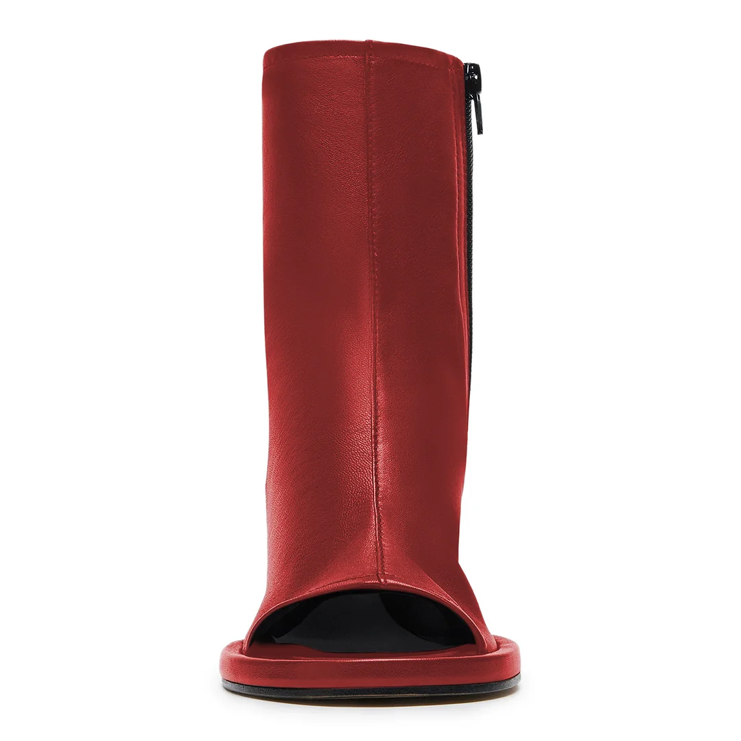 Vegan Leather Open Toe Cut-Out Side-Zip Block Heel Boots in Maroon   
