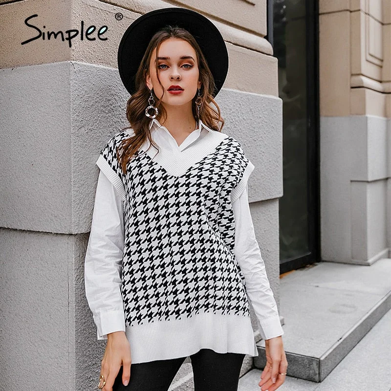 Simplee Houndstooth knitted sweater vest women V neck sleeveless oversized pullover vintage Fall winter female waistcoat sweater