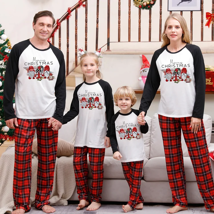 Merry Christmas Gnomes Red Black Plaid Family Matching Pajamas Sets
