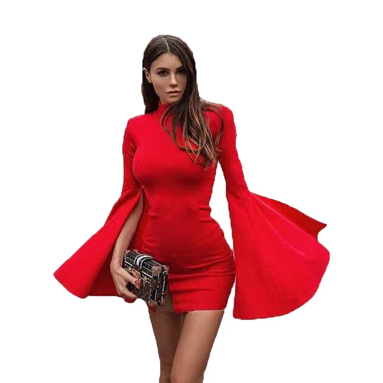 Dakota Johnson Red Mini Dress Turtleneck Slit Flare Sleeve