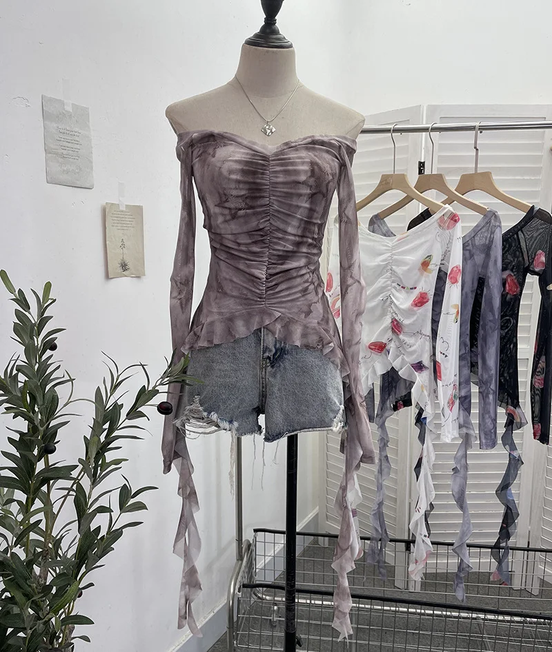 Uveng Real Shot One-字 Collared Shoulder Long-Sleeved Mesh Printing Top Irregularly Folded Lotus Leaves With Short T-Shirt 9937