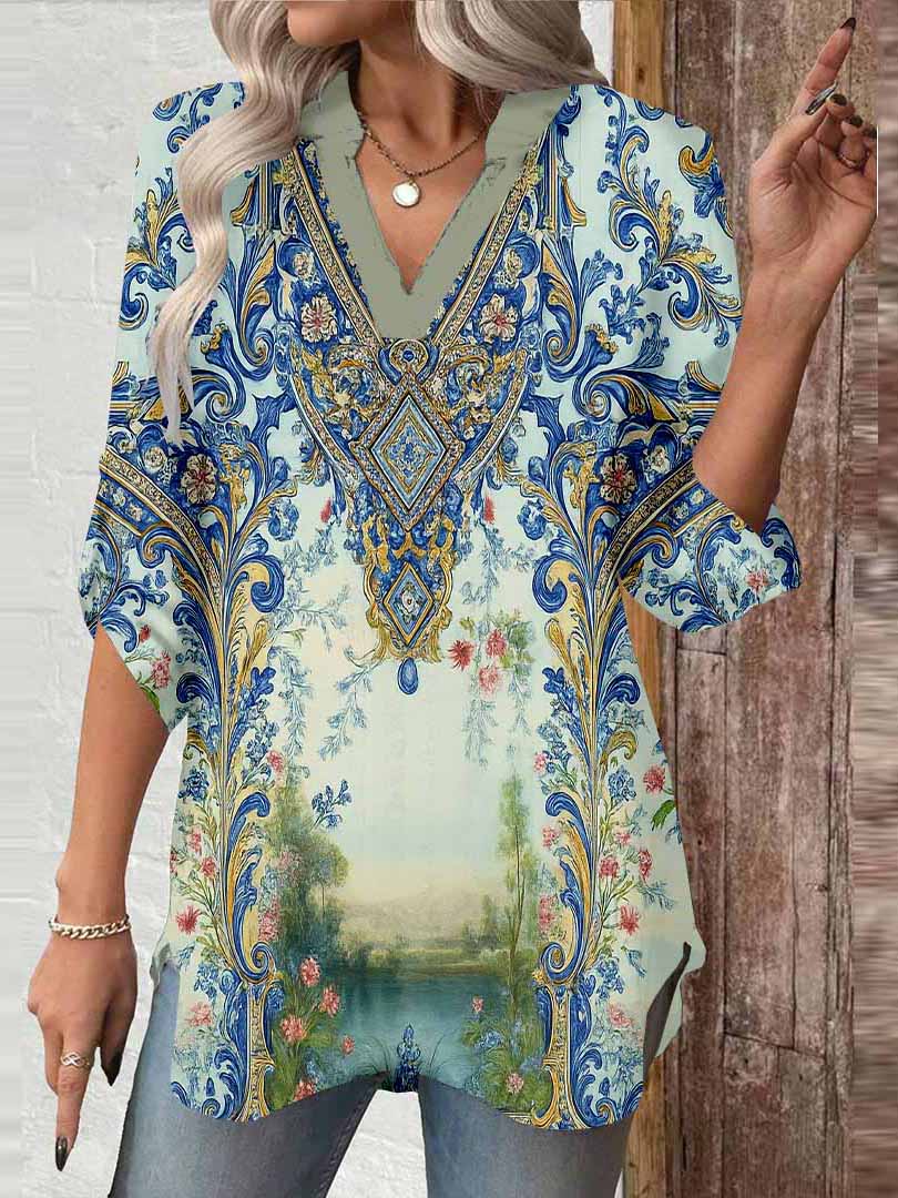 Women Retro, Paisley, Blue DZGA0176 3/4 Sleeve V-neck Printed Graphic Button Tops