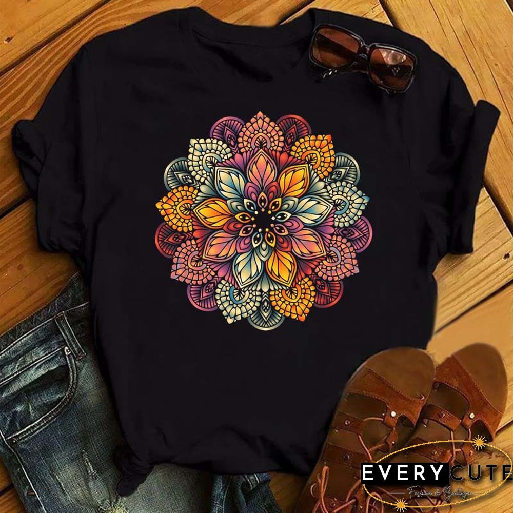 Maycaur New Mandala Floral Printed T Shirt Women Casual Fashion T-shirt Loose Short Sleeve 90s Girls Aesthetics Black Tshirt Top