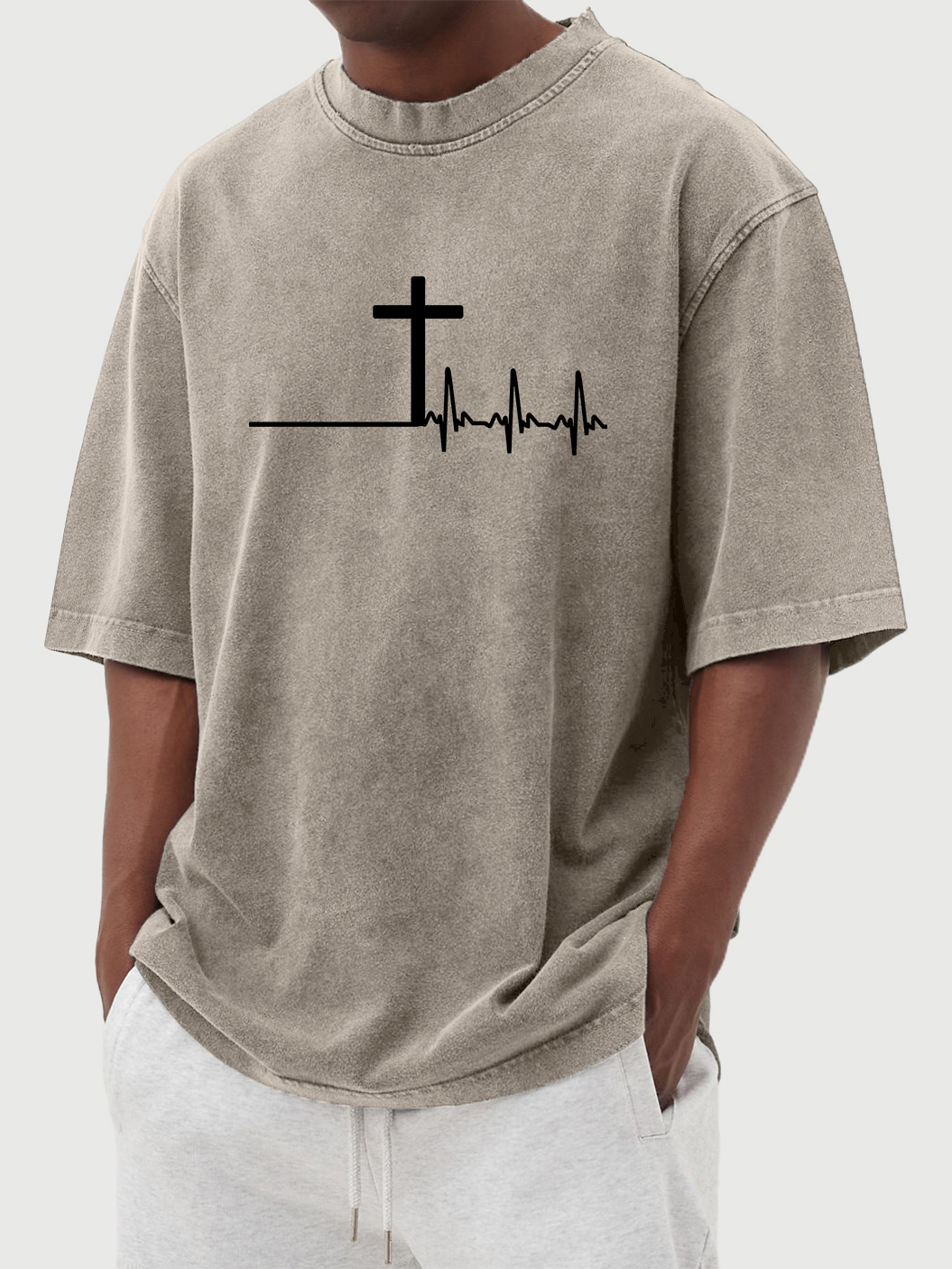 Men's vintage washed distressed cross print short-sleeved T-shirt
