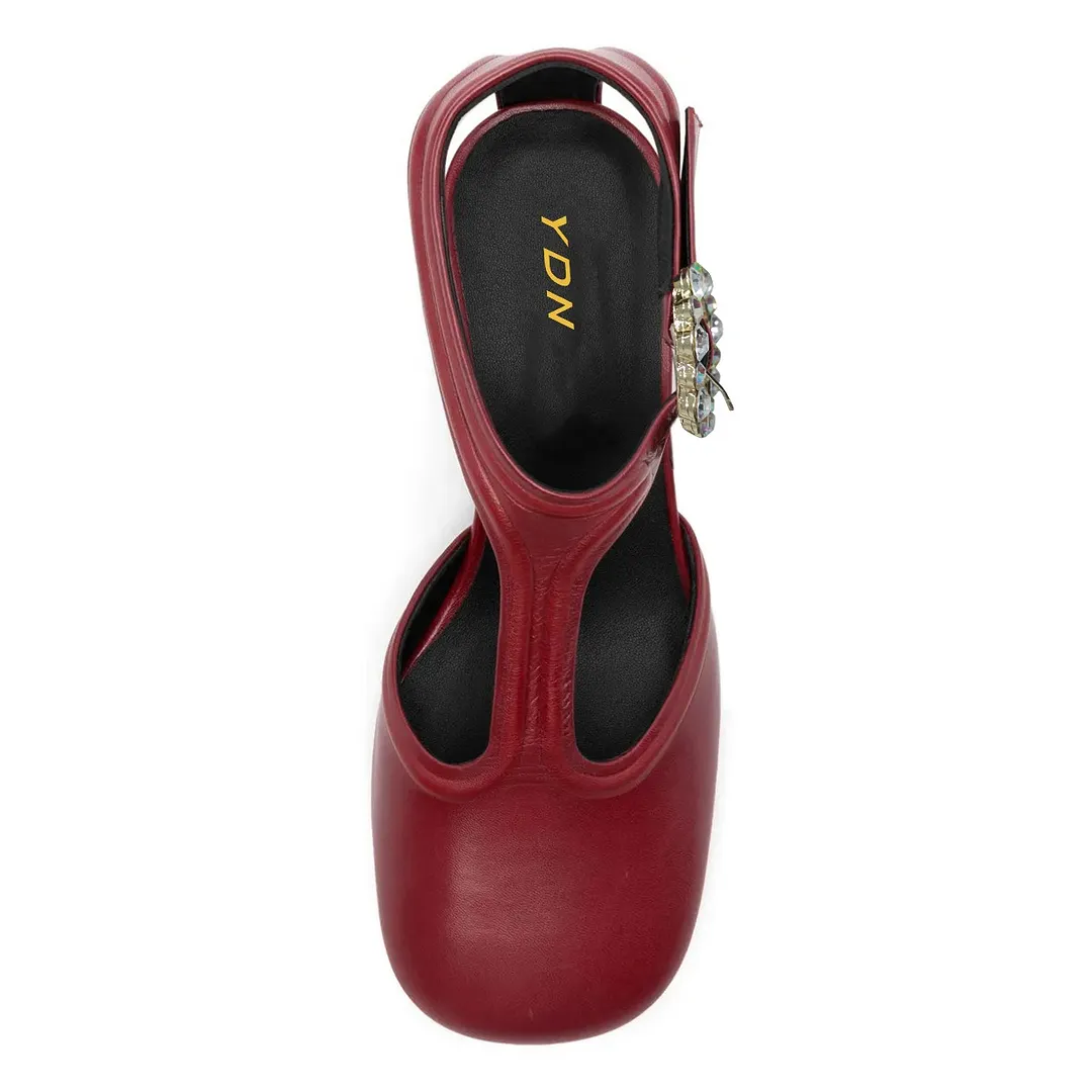 Women's T-Strap Cut-Out Maroon Pumps Heels with Rhinestone Buckle