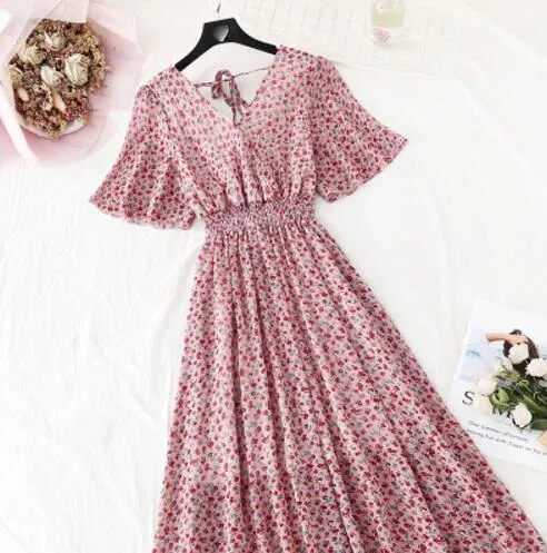 2020 Slim V Neck Summer Midi Long Dress Vestido Party Short sleeve Chiffon dress Women Casual Elegant print A-Line Vestidos