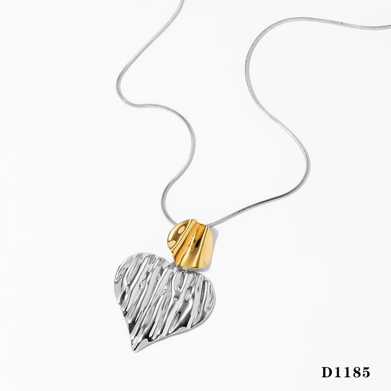 316 Stainless Steel New Gold And Silver Color Matching Heart Earrings And Necklace Set Fashion Exaggerated Irregular Pleated Heart-Shaped Jewelry Set