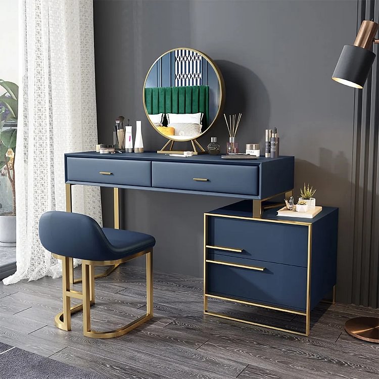 Homemys 39" GreModern Makeup Vanity Dresser Set with Retractable Cabinet, Stool, Mirror, Stainless Steel Frame, MDF, Capri Leather, Solid Wood Drawer