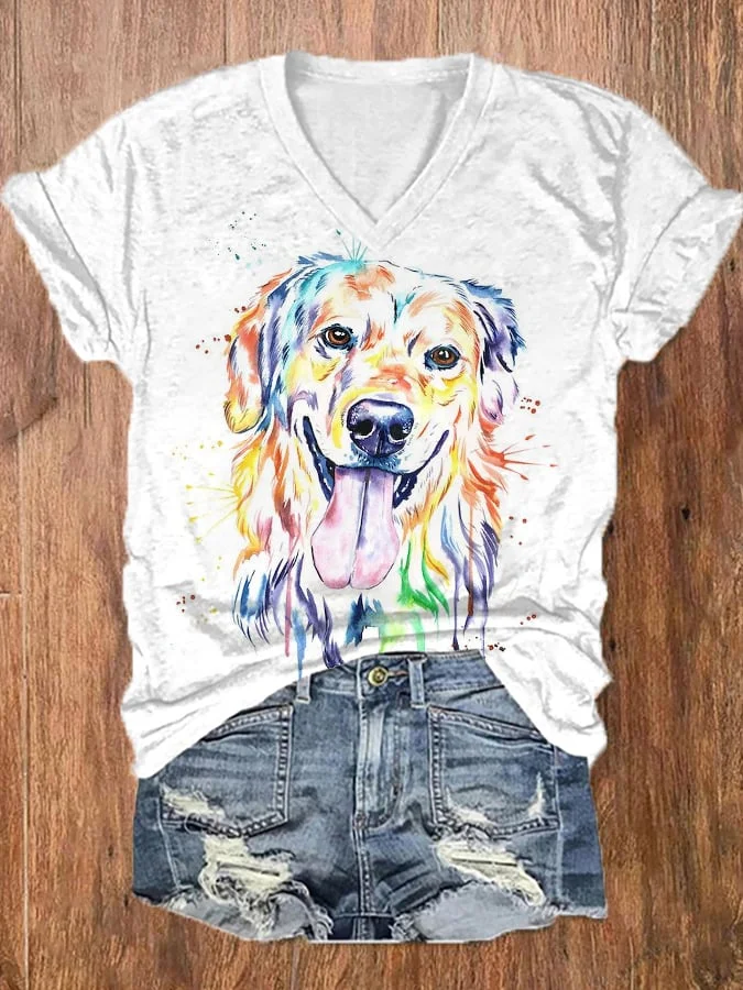 🐾Women's Watercolor Dog Print Casual V-Neck Tee