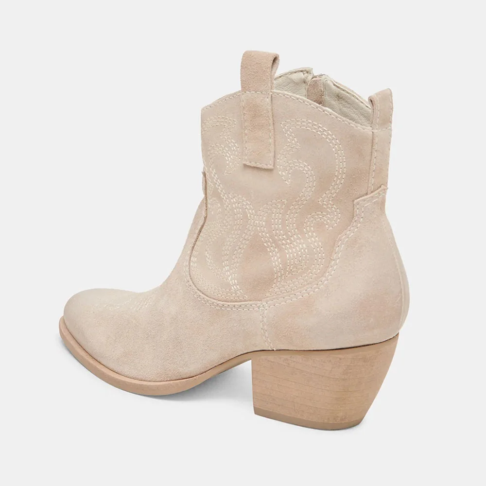 Beige Square Toe Chunky Heel Side Zipper Stitching Cowgirl Boots