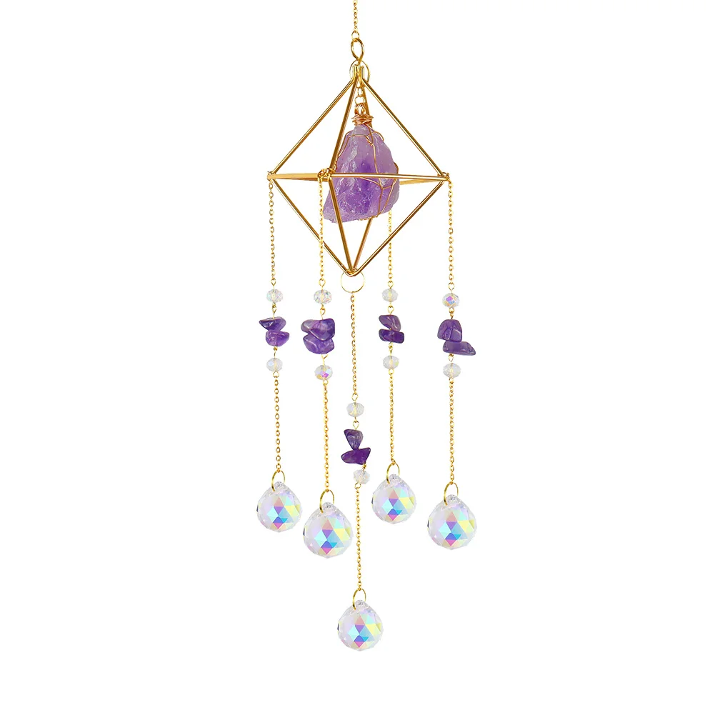 Crystal Wind Chimes Natural Stone Prism Light Catcher Garden Decor (Purple)