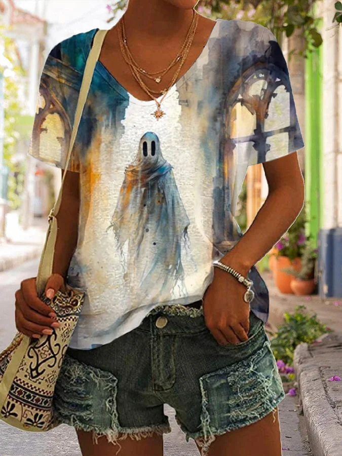 Women's Casual Ghost Art Printed Short Sleeve T-Shirt